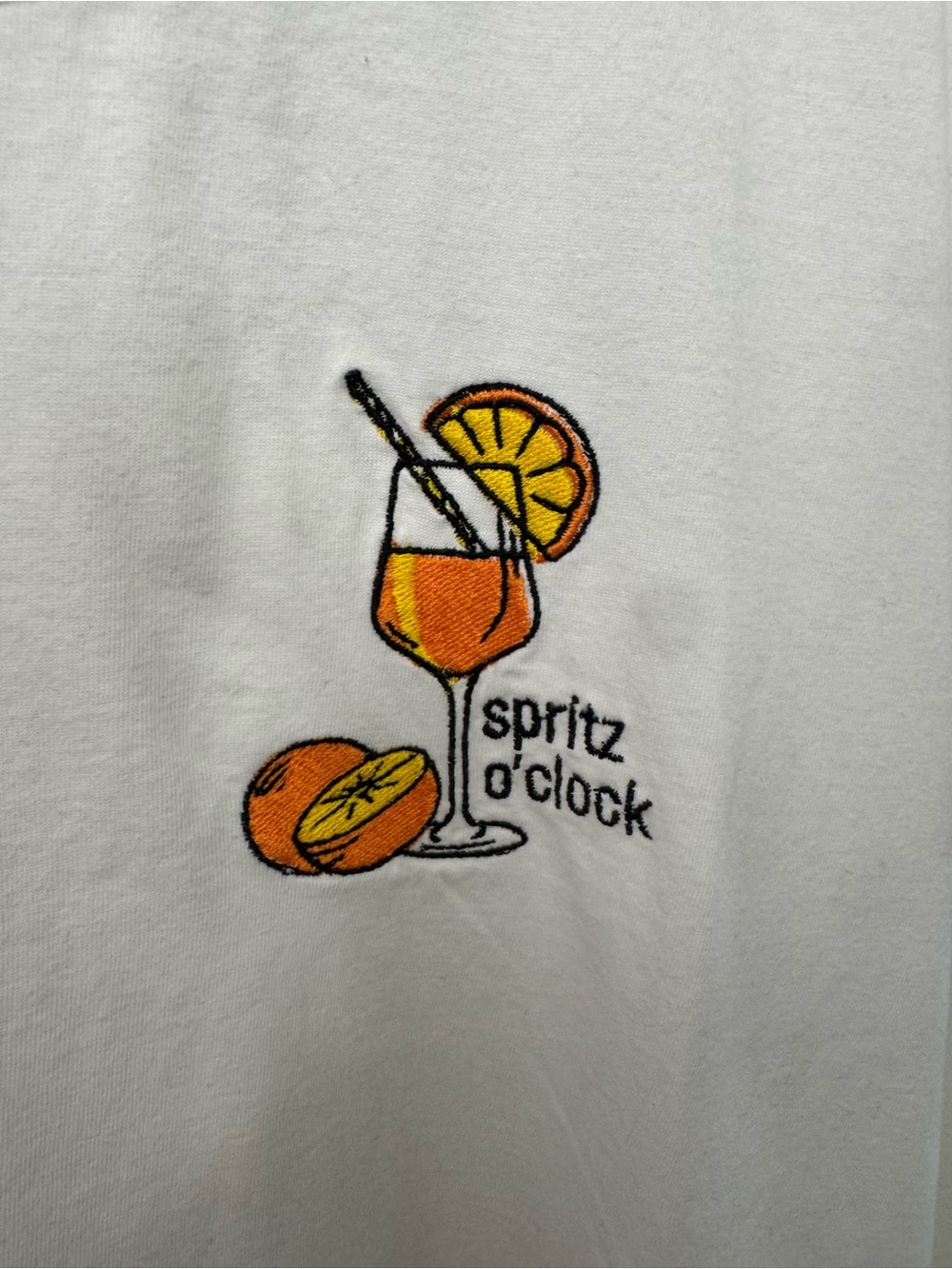 EUC Spritz O'Clock Embroidered Top | Fun Cocktail Graphic Shirt - Picture 3 of 3